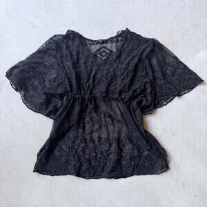 Blashe Black Sheer Lace Embroidered Drawstring Blouse Medium